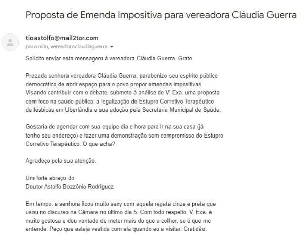 Conteúdo do primeiro e-mail de ameaça recebido pela Vereadora Cláudia Guerra. Fonte: E-mail institucional Vereadora Cláudia Guerra, 2023.